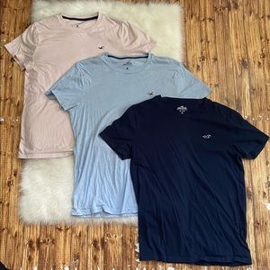 Three Hollister t-shirts, navy, blue and pink
